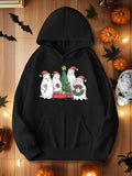 Women's Hoodie Festive Holiday Scene With Ghosts Santa Hats Green Christmas Tree