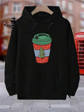 Men's Hoodie Festive Red Coffee Cup With Green Lid Snowflakes Tree