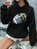 Women's Hoodie Plaid And Denim Patchwork With Ribbon Bow On Football