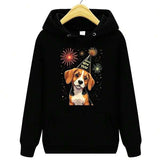 Men's Hoodie Happy New Year Party Hat Dog With Colorful Fireworks