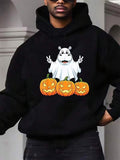 Men's Hoodie Cheerful Hippo Dressed As Ghost With Three Smiling Pumpkins