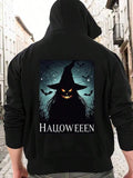 Men's Hoodie Halloween Wicked Witch Under Moonlight With Flying Bats And Creepy Trees