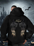 Men's Hoodie Angel With Glowing Black And Gold Wings In Dark Night