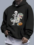 Men's Hoodie Halloween Skeleton With Pumpkin Riding Striped Tyrannosaurus Dinosaur