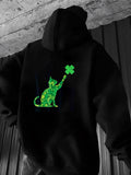 Men's Hoodie Green Lucky Pattern Cat Reaching For Clover Leaf