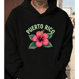 Men's Hoodie Puerto Rico Bold Letters With Pink Hibiscus Surrounded By Lush Green Leaves Flower