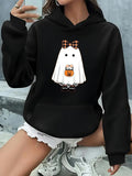 Women's Hoodie Plaid Bow Cute Halloween Ghost Holding Pumpkin Basket