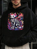 Men's Hoodie Colorful Cosmic Flames Surrounding Glow In The Dark Skeleton Cat