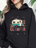 Women's Hoodie Glowing Camp Lights With Guitar Beside A Retro Camper Van