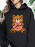 Women's Hoodie Playful Cartoon Bear Holding A Pink Frosted Donut