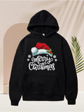 Men's Hoodie Cheerful Holiday Snowflakes With Santa Hat And White Lettering Christmas