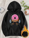 Women's Hoodie Cartoon Sprinkled Pink Frosted Donut Lifting Weights Amid Playful Colorful Confetti Donut