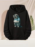 Men's Hoodie Chubby Gray Cat Wearing Blue Hoodie On Black Hoodie