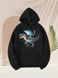 Men's Hoodie Futuristic Blue Shark Riding Robot Dinosaur Under Soft Studio Lights