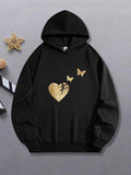 Women's Hoodie Golden Crackled Heart With Two Butterflies Flying Around Hoodie