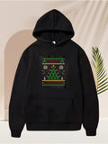 Men's Hoodie Holiday Green Tree Pattern With Festive Details On Black Hoodie