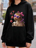 Women's Hoodie Adorable Hedgehog With Cherries Bow Glasses And Hot Coffee Cup