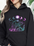 Women's Hoodie Magic Mushroom House Surrounded By Plants Under Phases Of The Moon