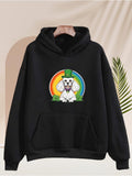 Men's Hoodie Happy White Dog Wearing Green Hat With Rainbow Background