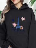 Women's Hoodie Floral Sprigs With Blue Tower And Pink Blossoms Paris