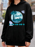 Women's Hoodie Beach Blue Tones With Minimalist Palm Trees Ocean Waves And Distant Birds