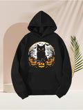 Men's Hoodie Mysterious Cat Under Moonlight Surrounded By Pumpkins And Haunted Trees Cat