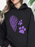 Women's Hoodie Purple Scribbled Heart With Gentle Paws On Black Hoodie