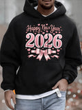 Men's Hoodie Happy New Year Pink Festive Ribbon Design With Sparkling Hearts 2026