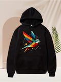Men's Hoodie Colorful Geometric Streaks With Circular Accents Under Abstract Bird