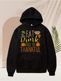 Men's Hoodie Eat Drink And Be Thankful With Pumpkins Autumn Leaves And Festive Food On Hoodie