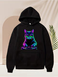 Men's Hoodie Neon Lights Surreal Vivid Colors With Playful Cat Spinning Turntable Cat