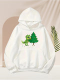 Men's Hoodie Playful Green Dinosaur Standing Beside A Pine Tree Under Clear Sky