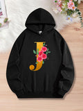 Women's Hoodie Golden Letter J With Pink Blossoms Among Green Leaves Hoodie