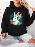 Women's Hoodie Vivid Rainbow Brush Strokes Behind Fluffy White Rabbit