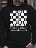 Men's Hoodie Check Yourself Bold Chess Pieces On Checkerboard Pattern