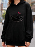 Women's Hoodie Minimal Origami Style Paper Ship With Red Flag Centered Boat