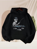 Men's Hoodie Stylish Skeleton Angler Sitting Calmly Above Ocean Waves With Swimming Fish