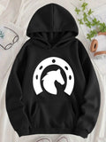 Women's Hoodie Minimal Art With Bold Horseshoe Frame Around Silhouette Horse