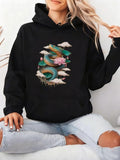 Women's Hoodie Misty Lotus Blossoms Among Clouds With Azure Green Serpentine Dragon