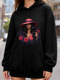Women's Hoodie Elegant Woman In Red Hat Surrounded By Lush Roses With Flowing Hair Portrait
