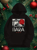 Men's Hoodie Red Sun With Japanese Gate And Two Resting Deer