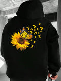 Men's Hoodie Sunlit Yellow Butterflies On Blooming Sunflower Under Black Hoodie