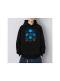 Men's Hoodie Blue Light With Fiery Accents Surrounding Stacked Human Skulls