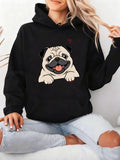 Women's Hoodie Playful Cartoon Pug With Tongue Out Resting Under Cute Hoodie Dog