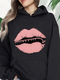 Women's Hoodie Textured Pink Lips With Artistic Black Zipper Motif Lips