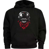 Men's Hoodie Edgy Black Hoodie With Helmeted Cat Wearing Red Bandana