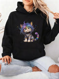 Women's Hoodie Fluffy Playful Cartoon Cat With Rainbow Colored Hair Hoodie