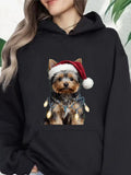 Women's Hoodie Yorkshire Terrier Wearing Santa Hat Sitting Under Christmas Lights Dog