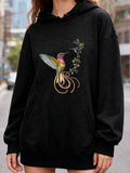 Women's Hoodie Vivid Floral Branches With Iridescent Wings Resting Upon Graceful Hummingbird