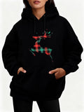 Women's Hoodie Festive Plaid Patterned Red Green Leaping Christmas Reindeer Silhouette